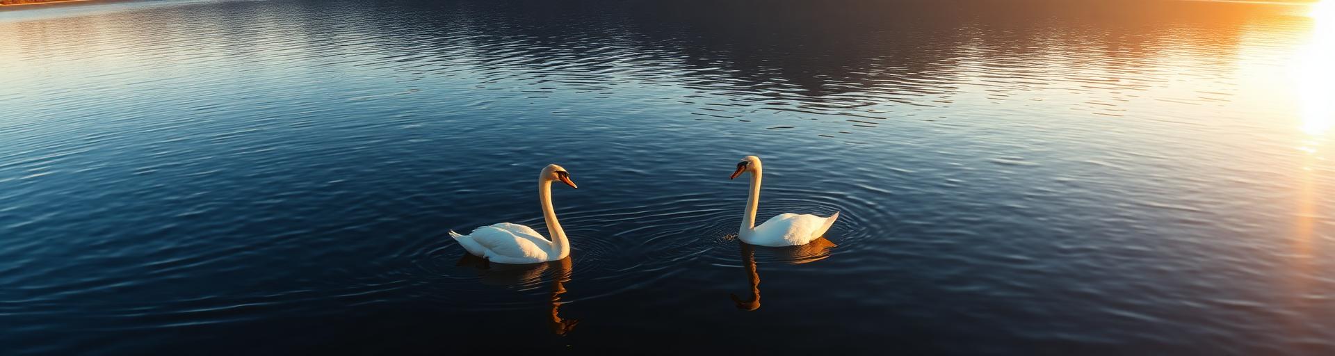 Two swans on a calm lake at sunset